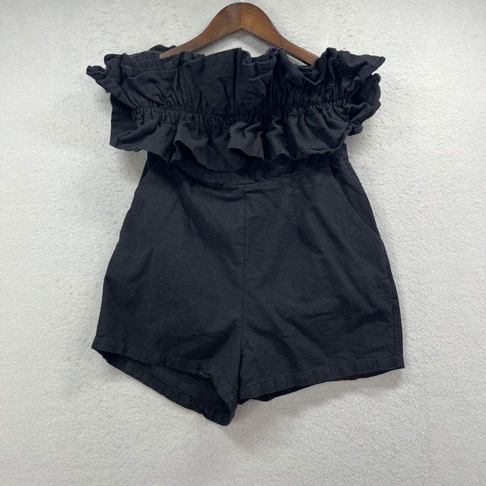 Entro Romper Womens L Black Strapless Ruffle Cotton Boho Summer Playsuit